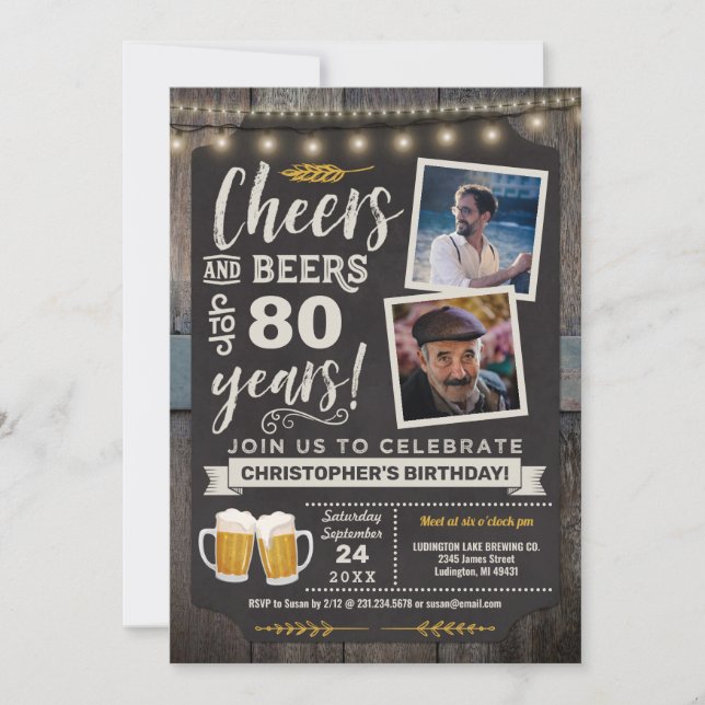Photo Cheers and Beers 80th Birthday Invitation (Devant)