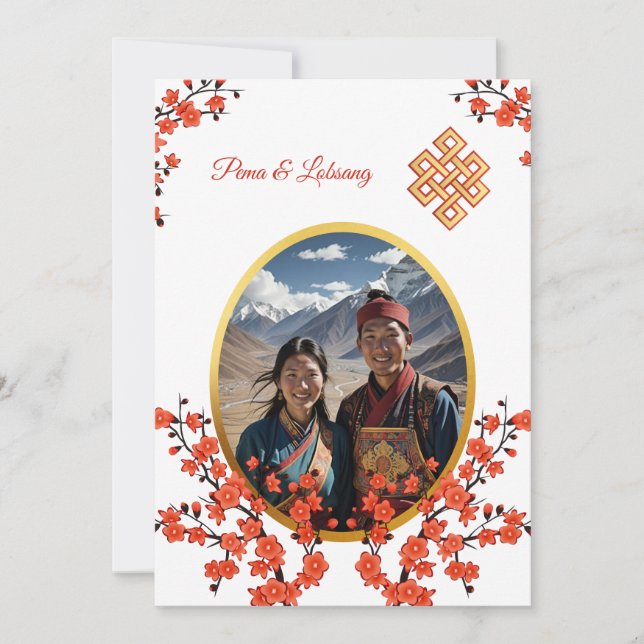 Photo Cherry Blossom Tibetan Wedding Invitation (Front)