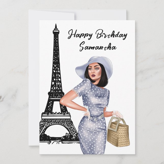 Photo Chic Eiffel Tower French Girl Paris Birthday Card (Front)