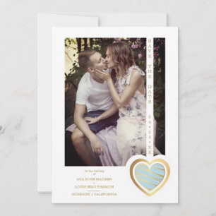 Photo Chic Elegant Light Blue & Gold Effect Heart Save The Date