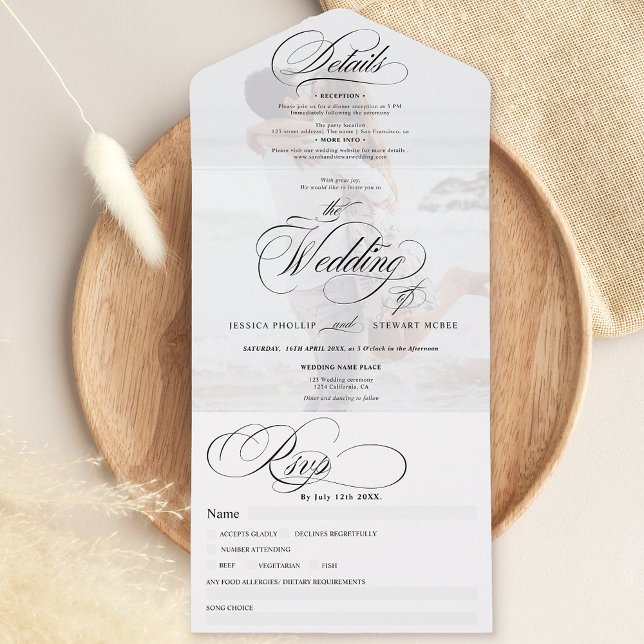 Photo chic simple elegant calligraphy wedding all in one invitation (Photo chic simple elegant calligraphy wedding all in one invitation)