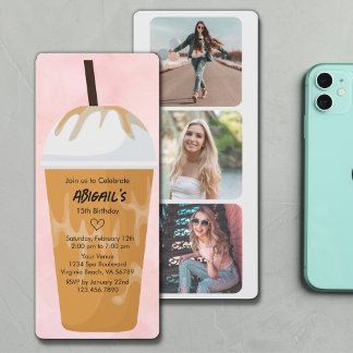 Photo Chic Trendy Blush Pink Iced Coffee Birthday Invitation