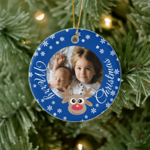 Photo Christmas Blue Cute Reindeer White Script Ceramic Ornament