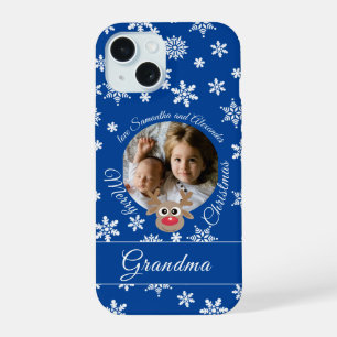 Photo Christmas Blue Cute Reindeer White Script iPhone 15 Case