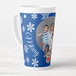 Photo Christmas Blue Cute Reindeer White Script Latte Mug