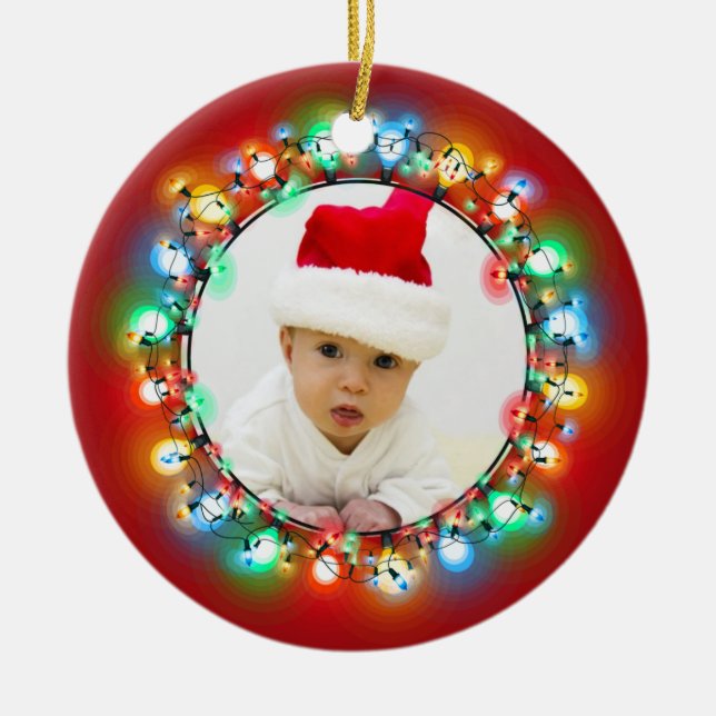 Photo Christmas Bulbs with Red Background Ceramic Ornament (Front)