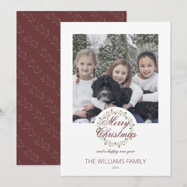 photo Christmas card watercolor wreath (Front/Back)