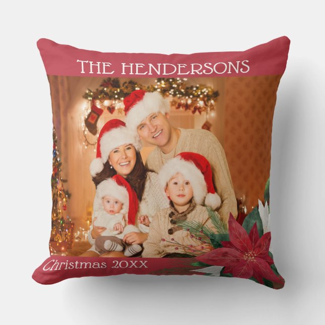 Photo Christmas Gift Poinsettia  Throw Pillow (Front)