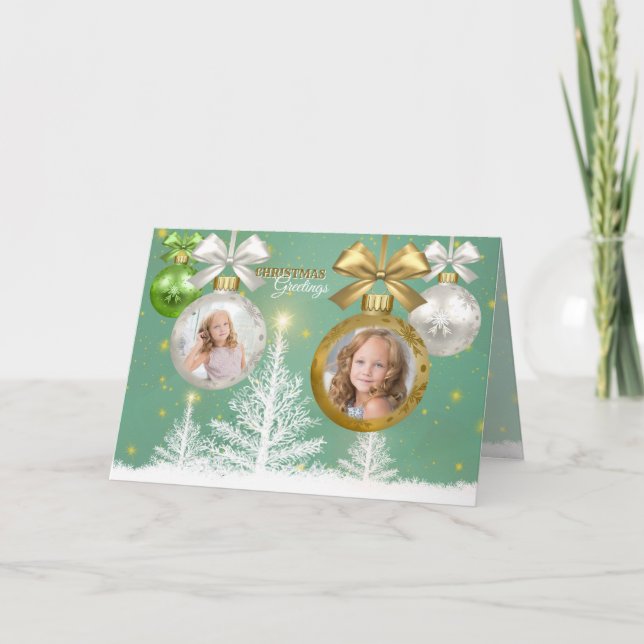 Photo Christmas Gold White Green Bauble Snow Tree Card (Front)
