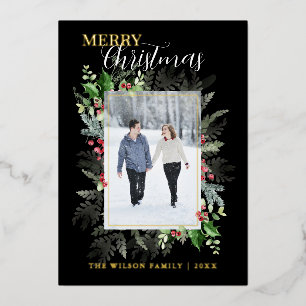 Photo Christmas Greenery Greeting Black Foil Holiday Card