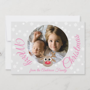 Photo Christmas Grey Cute Reindeer Girly Pink Type Holiday Card