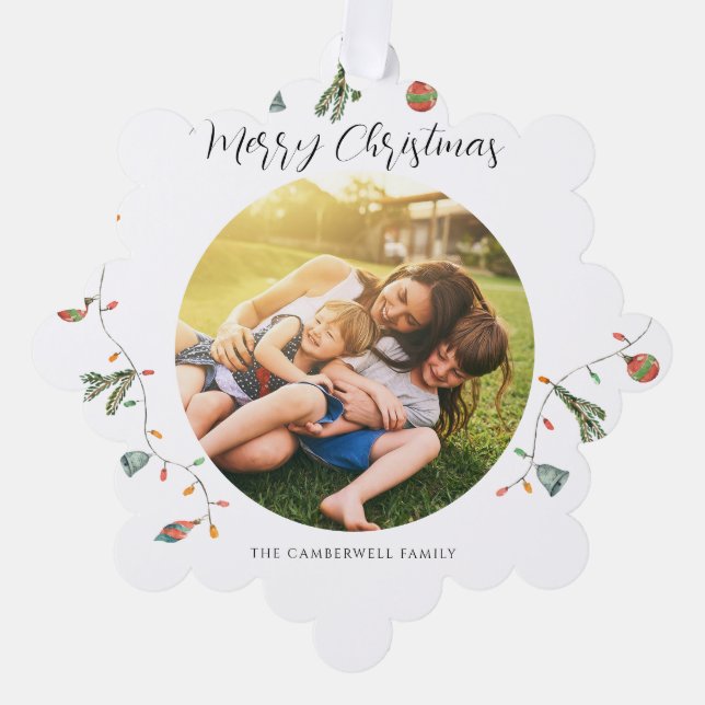 Photo Christmas Holiday Script Modern Ornament Card (Front)