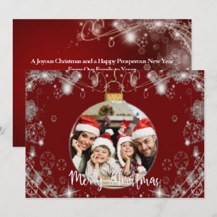 Photo Christmas Ornament With Snowy Swirls on Red Holiday Card
