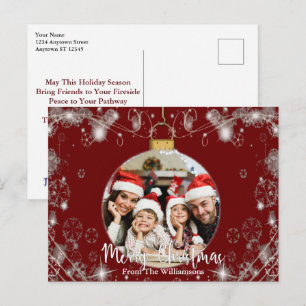 Photo Christmas Ornament With Snowy Swirls on Red Postcard