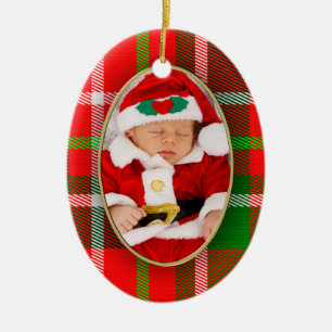 Photo - Christmas Oval Red Tartan Picture Frame Ceramic Ornament