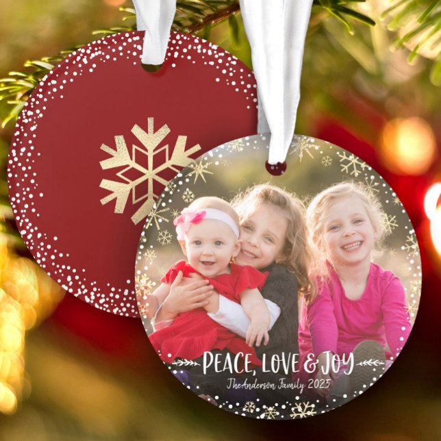 Photo Christmas Peace Love Joy Gold Snowflake Bold Ornament (Creator Uploaded)