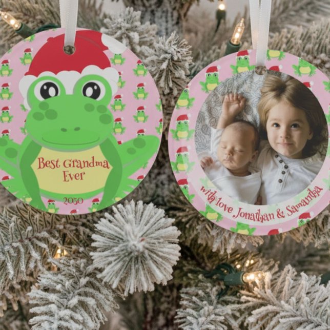 Photo Christmas Pink Frog Santa Hat Pattern Cute Ornament (Creator Uploaded)