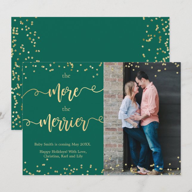 Photo Christmas Pregnancy Announcement Cards Green (Front/Back)