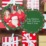Photo Christmas Santa Candy Cane Names Green Paper Ornament Card<br><div class="desc">Family Photo Christmas Santa Custom Greeting Paper Ornament Card. Green background with candy canes and wrapped gifts pattern. ⭐PERSONALIZE this template to add your photo and message on the back. ⭐</div>