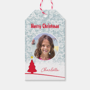 Photo Christmas Tree Pattern Aqua Gift Tags