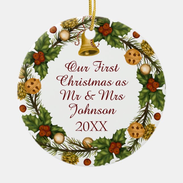 Photo Christmas Wreath First Christmas Mr Mrs Cera Ceramic Ornament (Front)