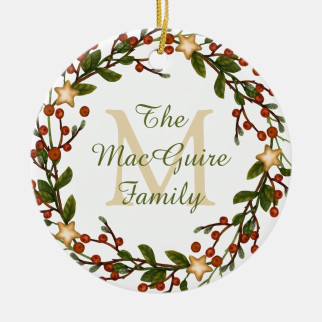 Photo Christmas Wreath Monogram Initial Ceramic Ornament (Front)
