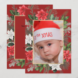 Photo Christmas Xmas Floral Red Flat Holiday Card