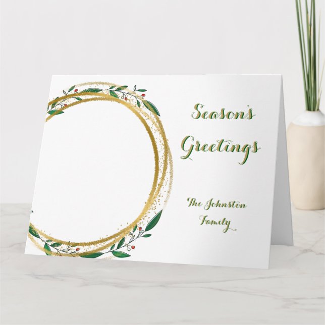 Photo Circle Gold Green & Red Season's Greetings Card (Front)