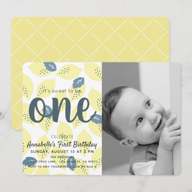 Photo citron & feuille 1er anniversaire Invitation (Devant / Derrière)