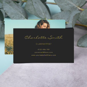 Photo Clarinettist Black & Gold Elegant Business Card