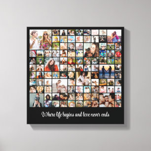 Photo Collage 100 Picture Grid Custom Square Black Canvas Print