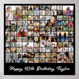 Photo Collage 100 Picture Grid Custom Square Black Poster