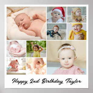 Photo Collage 10 Picture Grid Custom Square White Poster