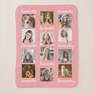 Photo Collage 12 Instagram Picture Kids Name Pink Sherpa Blanket