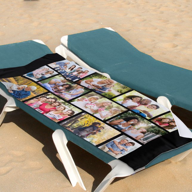 Photo Collage 12 Picture Masonry Grid Black Beach Towel (Creator Uploaded)