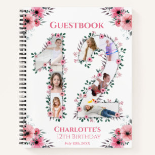 Photo Collage 12th Birthday Girl Pink Flower White Notebook