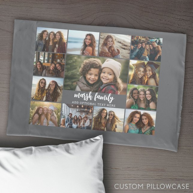 Photo Collage - 13 Pics 2 Text Blocks Grey White Pillowcase (Create Your Own Photo Collage Pillowcase)