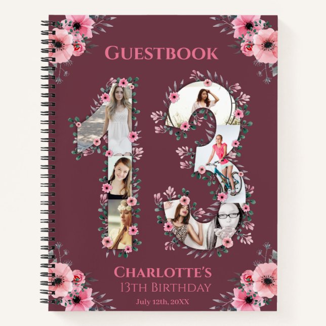 Photo Collage 13th Birthday Pink Flower Guest Book (Front)