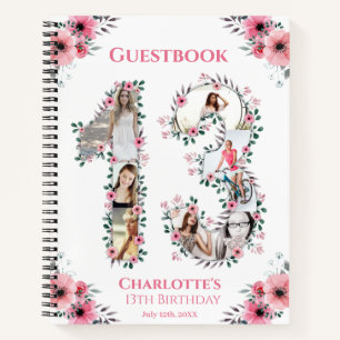 Photo Collage 13th Birthday Pink Flower Guest Book