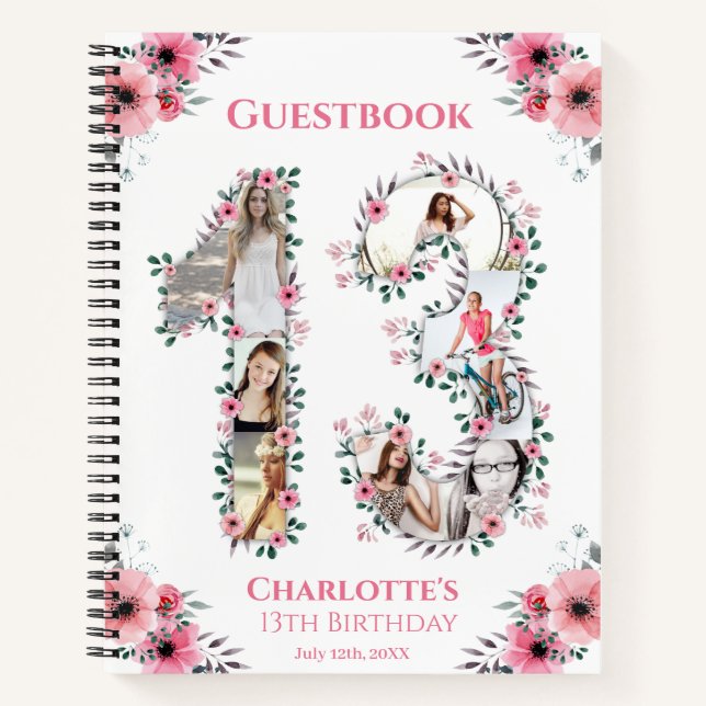 Photo Collage 13th Birthday Pink Flower Guest Book (Front)