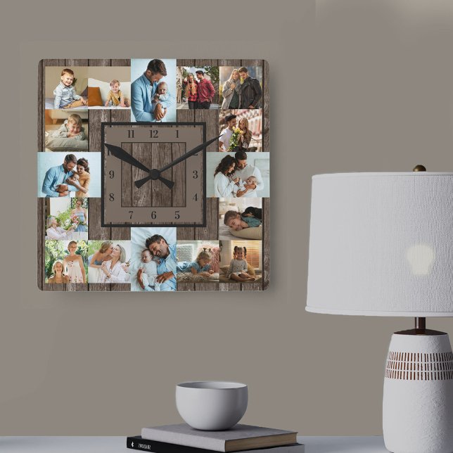 Photo Collage 16 Picture Brown Wood Numbered Square Wall Clock (Creator Uploaded)