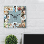 Photo Collage 16 Picture Coastal Blue Wood Square Wall Clock<br><div class="desc">Photo wall clock with 16 of your favourite photos. The design has a rustic coastal blue wood look background and stylish clock face with modern numbers. The photo template is ready for you to upload your photos, which are displayed in 2x portrait, 2x landscape and 12x square / instagram picture...</div>