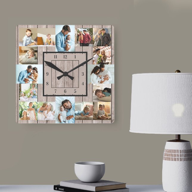 Photo Collage 16 Picture Light Wood Numbered Square Wall Clock (Light wood effect clock 16 of your photos and the numbers framed in a square)