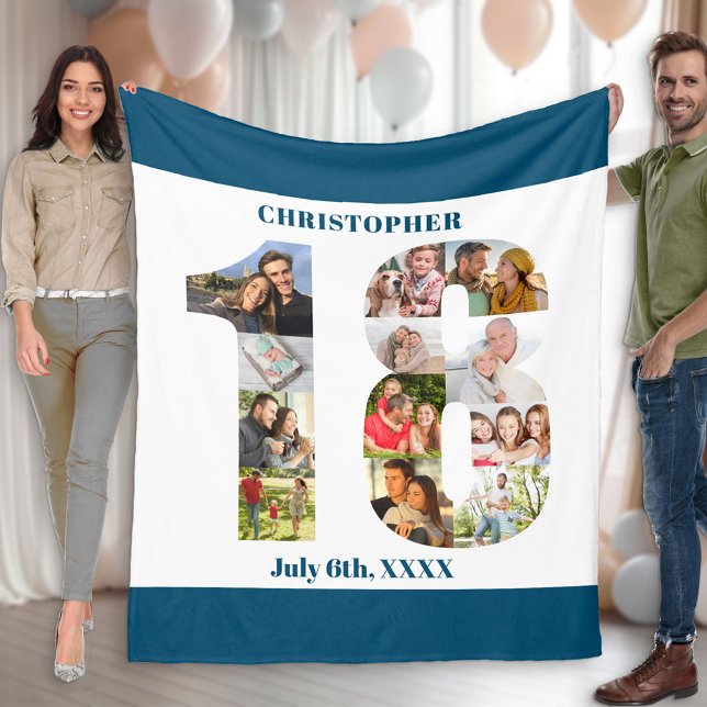 Photo Collage 18th Birthday Blue White Picture Fleece Blanket (Creator Uploaded)