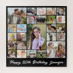 Photo Collage 25 Picture Grid Custom Square Black Jigsaw Puzzle