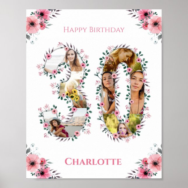 Photo Collage 30th Birthday Girl Pink Flower White Poster (Front)