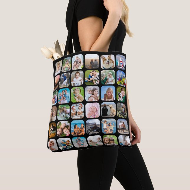 Photo Collage 36 Rounded Corner Pictures Black Tote Bag (Close Up)