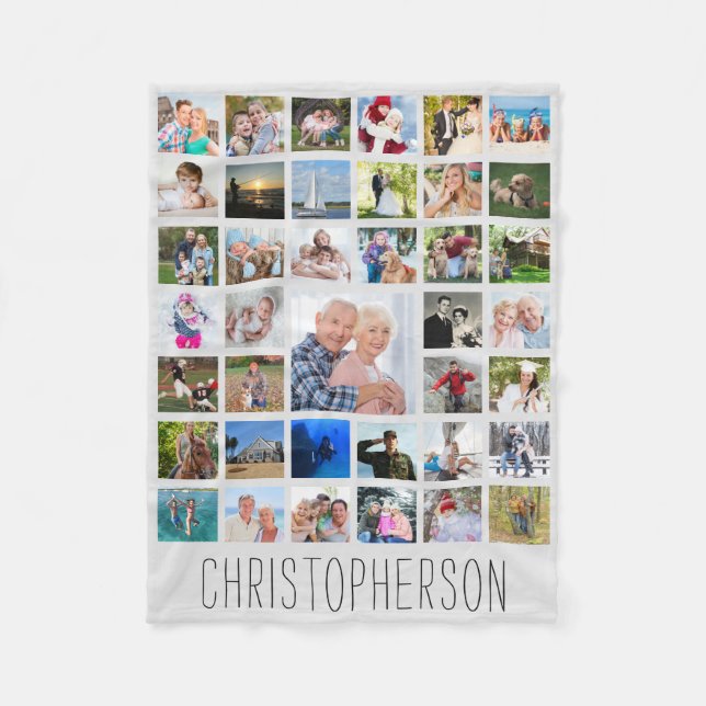Photo Collage 39 Pics Editable Grey Personalized Fleece Blanket (Front)