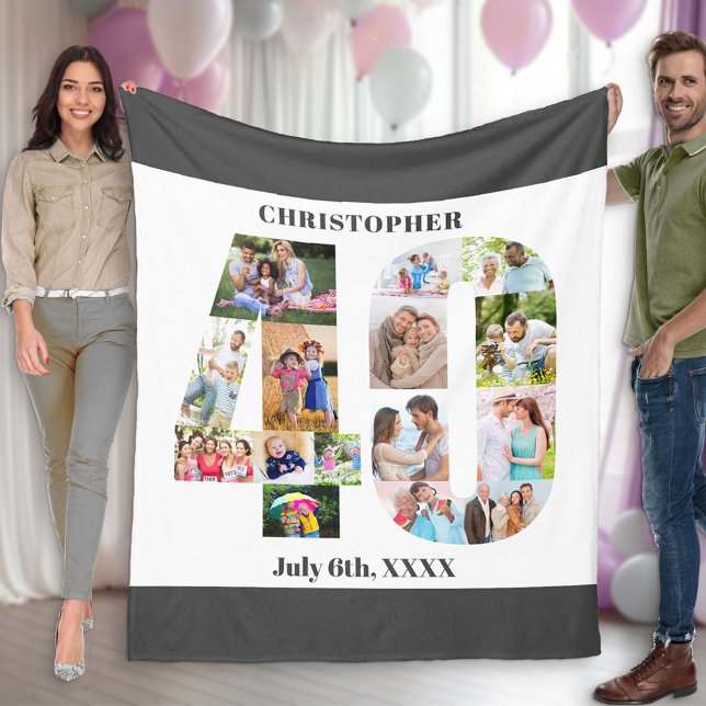 Photo Collage 40th Birthday Grey White Picture Fleece Blanket (Creator Uploaded)