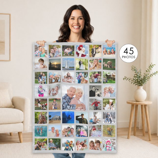 Photo Collage 45 Pics Editable Grey Personalized Fleece Blanket (Creator Uploaded)